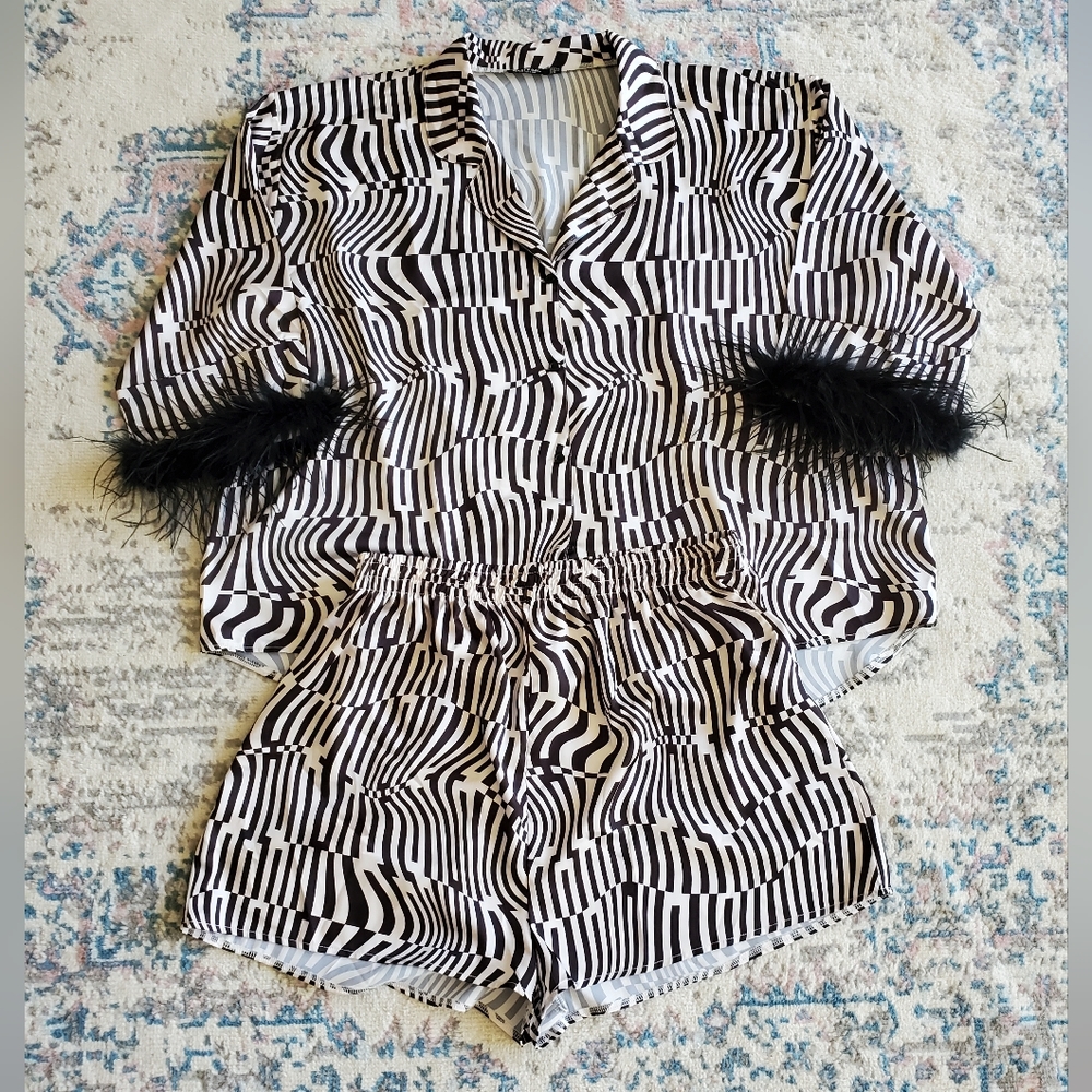 Black and White Striped Pajama Set with feathered sleeves